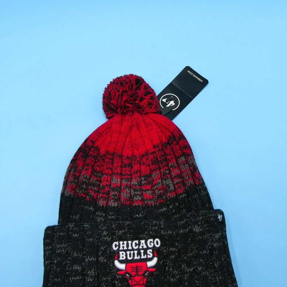 '47 Brand Chicago Bulls Winter Hat Mens Black Red Knit Acrylic Beanie NBA‎ Pom